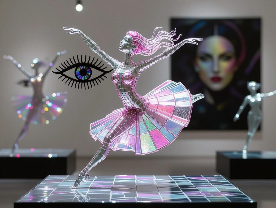 Sculpture of a human figure crafted from wire mesh. Figure captured in mid-air. Dynamic leaping pose with arms outstretched. Ethereal quality with light reflections. Modern art gallery background visible. Dramatic lighting enhances contours of the wire form. Loose wires convey spontaneous assembly.
