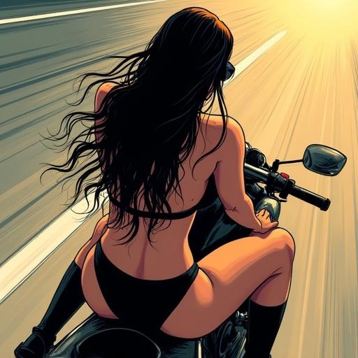 Woman with long dark wavy hair rides black sport motorcycle. Wearing black bikini and black boots. Hair cascades down back. Dark sunglasses on head. Scene in comic noir style with dramatic lighting and deep shadows. Sun highlights skin. Breeze moves hair. Overhead shot from behind.