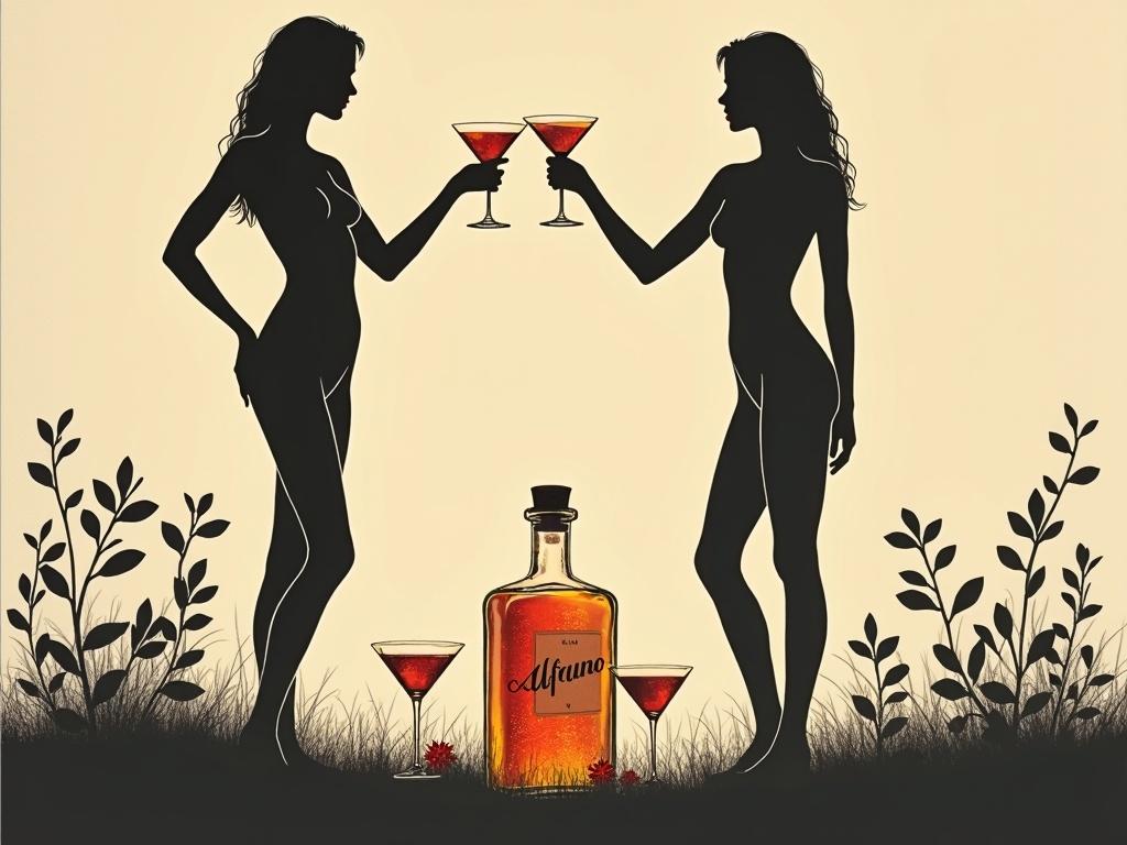 Minimalist screen printing artwork featuring silhouette of three goddess figures offering a cocktail toast. Nearby is a glowing apothecary bottle with a cork lid labeled 'ALFRUNO'. Flanking the bottle are identical cocktail glasses. The scene is against a beige background, evoking elegance and mystery with bold strokes and minimal details.