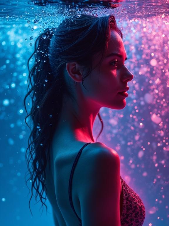A profile of a woman submerged in water. Vibrant pink and blue lighting illuminates the scene. Water droplets are visible, enhancing the artistic effect. The woman's hair blends with the surrounding water. Strong contrast highlights her features.
