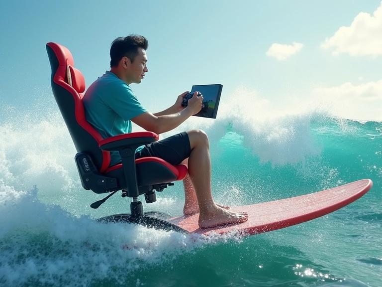 A person sits on a red gaming chair while holding a gaming controller and tablet. Surfing on ocean waves under a bright sky. The scene captures an adventurous lifestyle with technology.