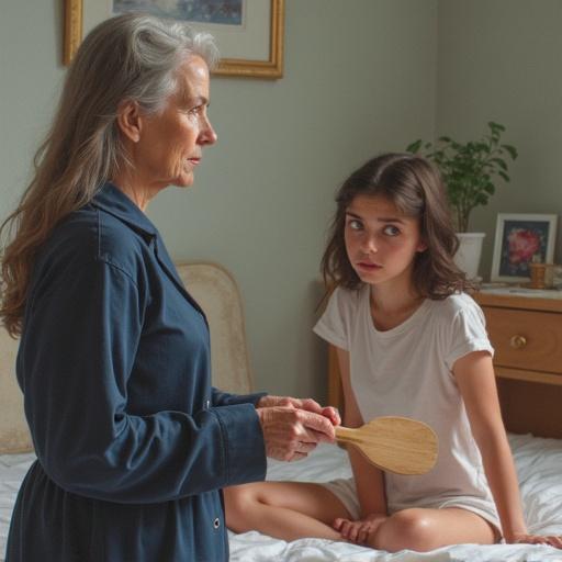 Strict 46-year-old American housewife in pajamas holds small wooden paddle. Young 26-year-old woman looking shocked sits on bed, emotional atmosphere evident in a cozy room setting. Painted image.