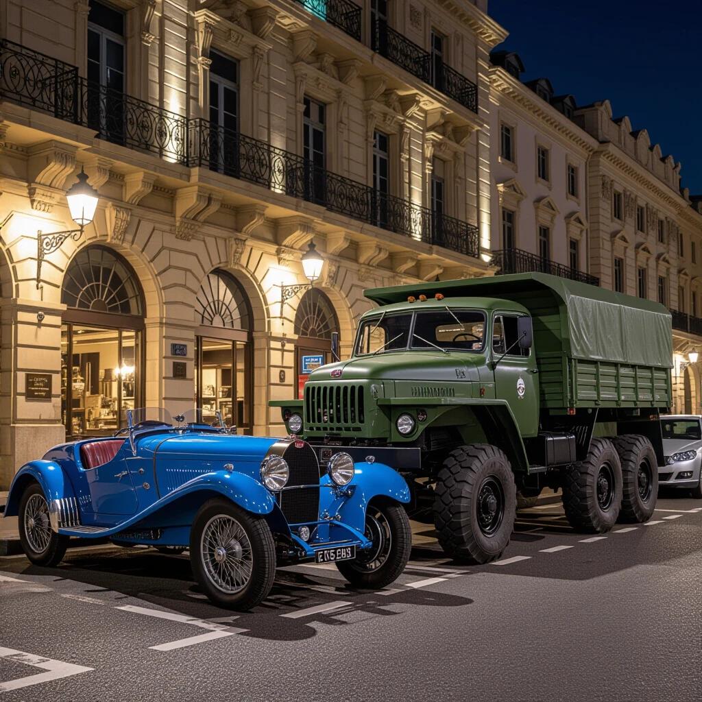 Photorealistic night street scene in Monaco. 1924 Bugatti Type 35 in French Racing Blue parked on curbside alongside a military truck. Rain-slicked cobblestones with reflections of neon ads. Low-angle shot highlighting the size difference. Steam rising from Bugatti exhaust while truck is cold. Light from sodium-vapor lamps at twilight.