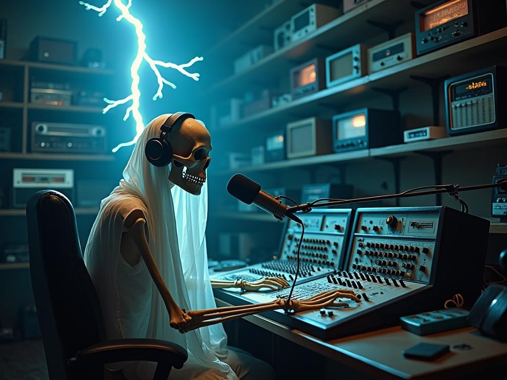 In a dimly lit room filled with various radio equipment, a skeletal figure draped in white is sitting behind a microphone. The skeleton is wearing large headphones, intently focused on controlling the audio mixer in front of it. Lightning crackles dramatically in the background, adding an eerie ambiance. Shelves filled with vintage radios and old vinyl records line the walls, suggesting a passion for classic communication and music. The scene has a supernatural, ghostly atmosphere, blending elements of horror with radio and music nostalgia.