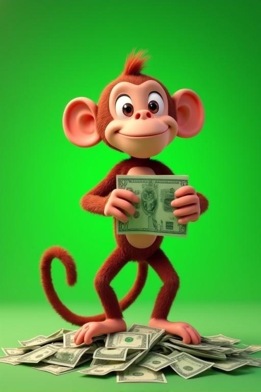 3D animated monkey stands upright holding cash. Cheeky smile and expressive eyes. Pile of money visible through cracks in the ground. Green screen background.