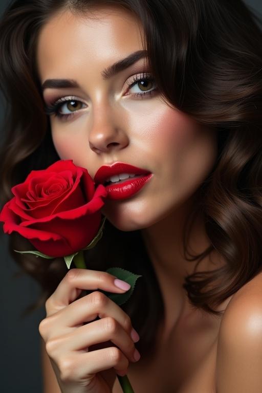 Image of an adult woman with red lips holding a rose. She tilts her head slightly, gazing at the viewer. Wavy hair frames her face.