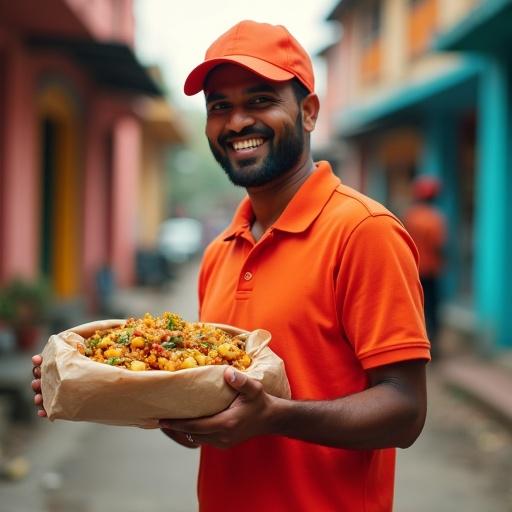 A lively advertisement for a Bangladeshi food delivery app. Focus on a smiling delivery person with a bag of traditional Bengali food. Showcase a colorful urban background with vibrant décor. Use warm inviting colors for a modern aesthetic. Ensure clarity and high resolution without any blurriness.
