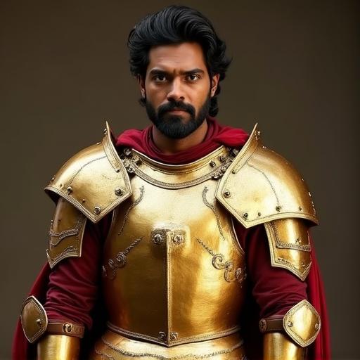 Concept of an Indian actor in golden battle armor. Character possesses a serious expression. Background is plain to emphasize the armor.