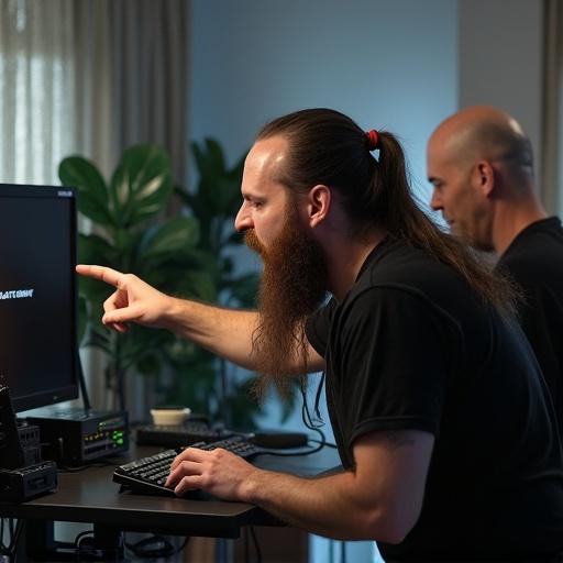 A man expressing frustration at a router. He wears a black band shirt and has long pigtail hair with a beard. The background features another man with a bald head showing disbelief.