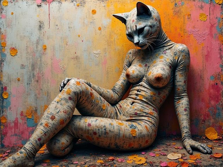 3D masterful artwork featuring a humanoid figure with a cat head posing. Body covered in layers of mixed media materials like newspaper, jute, wood, and confetti. Background showcases vibrant colors with a blend of textures and surfaces. High resolution with a stunning and magical aura.