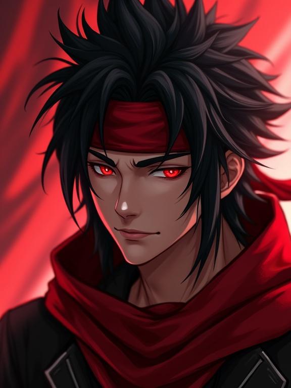 Vincent Valentine inspired male character from Final Fantasy VII series by Tetsuya Nomura. Character has a muscular physique and striking features. The hair is glowing and spiky black. The character wears a red bandana and leather jacket. The art is of high quality and resolution with beautiful lighting and a romantic feel. It is designed to appear very realistic and human-like.