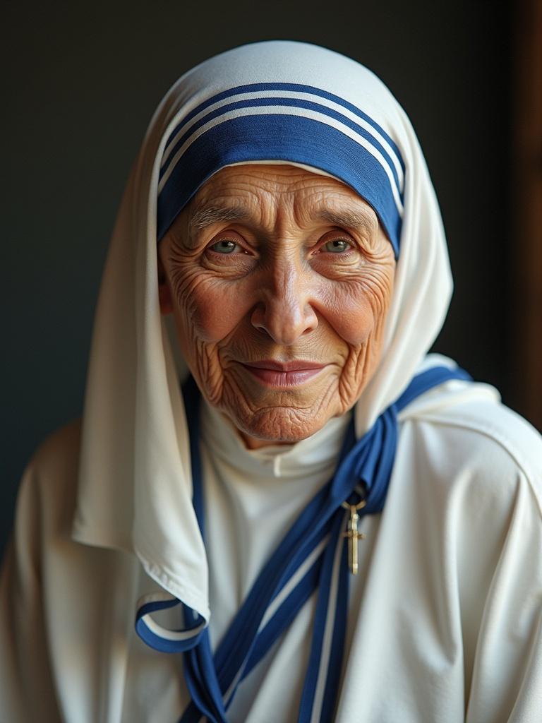 Image features figure wearing traditional religious attire. The background is blurred providing focus on the figure. Attire consists of white with blue accents.