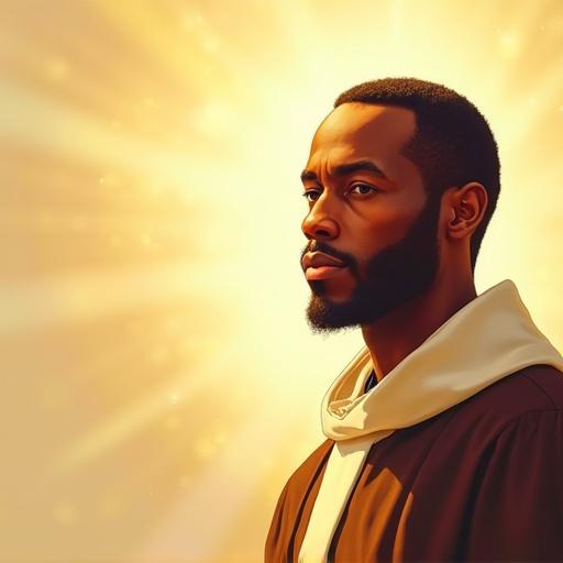 Close-up portrait of Saint Martin de Porres. Vibrant digital artwork. Luminous color palette with gold, white, and beige tones. Depicted in Dominican habit. Serene expression indicating wisdom and humility. Rich brown skin tone representing Afro-Peruvian heritage. Surrounded by divine golden glow. Gradient background of glowing gold and white. Positioned to the right, large negative space on the left for text.