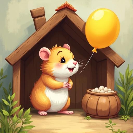 Illustrated hamster standing in front of a wooden house. Hamster has orange and white fur. Hamster is holding a yellow balloon. There is a pot of food next to the hamster. Background includes green plants and a light-colored wall.
