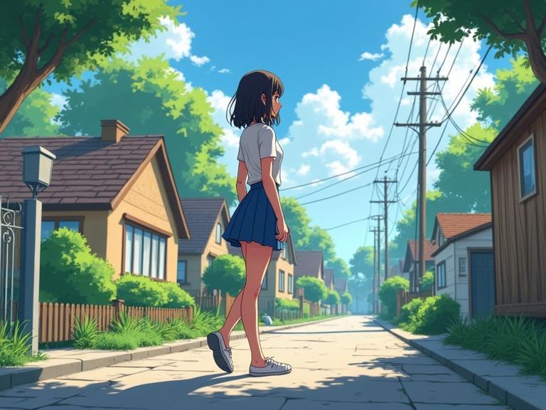 Side view of a woman walking in her neighborhood. She is wearing a skirt and has a casual style. The scene is in anime style with a bright and lively atmosphere.