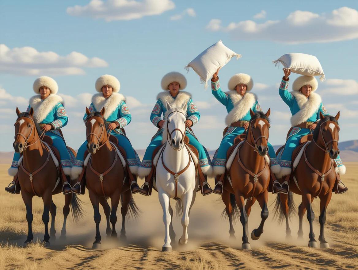 Nine Kazakh riders in traditional attire on galloping horses each holding a white-fur sack. Ultra-realistic style. Unique poses like clutching sack to chest or lifting sack overhead. Horses include bay, chestnut and black with dynamic manes. Focus on realistic anatomy and motion.
