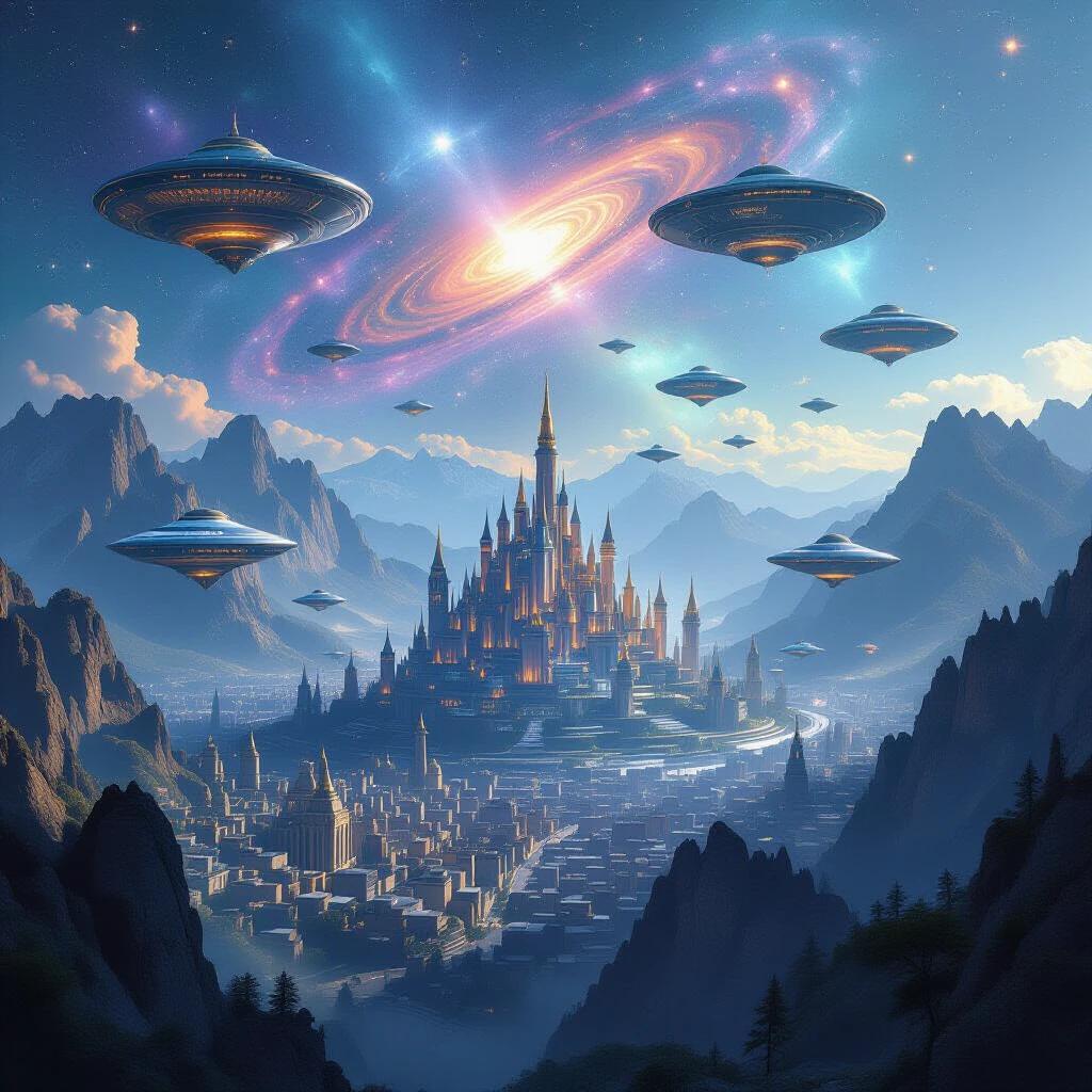 A drone shot of a mystical capital city in mountains and valleys. The city is filled with alien technology including blimps and hot-air balloons. Alien saucers and hexagonal forts fly above, surrounded by a magical nebula.
