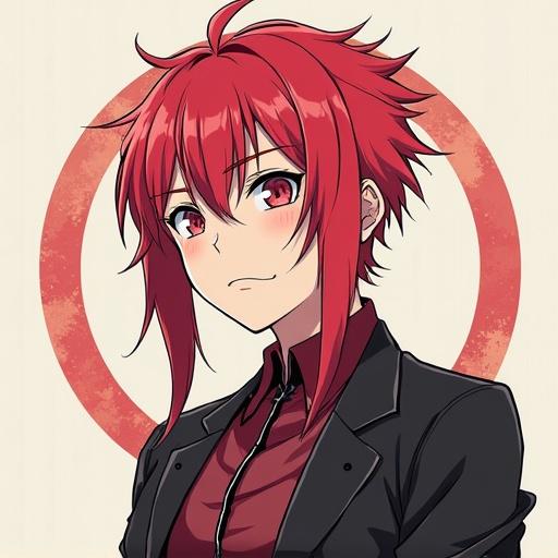 Illustration of a character with red spiky hair and red eyes. Character is wearing a black suit jacket over a red shirt. Background includes a large red circle.