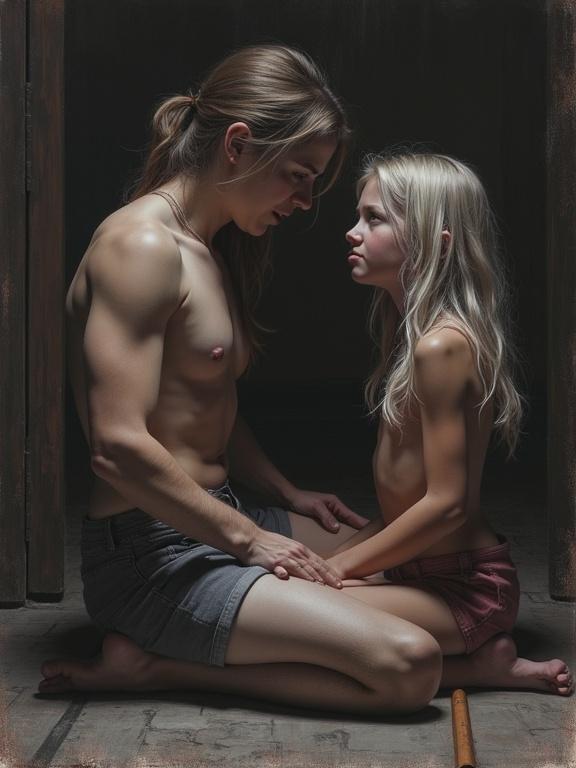 Realistic colored pencil drawing of a high school girl and her dad in a dark room. The girl has light hair and is kneeling facing her dad. Both are bare-chested, showing emotional expressions. The girl looks angry and pouting while crying.