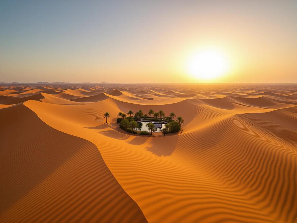 A stunning sunset over a vast desert landscape. Towering sand dunes stretch across the image. An oasis appears in the distance with palm trees. The sun sets on the horizon casting warm light. This scene reflects tranquility and natural beauty.