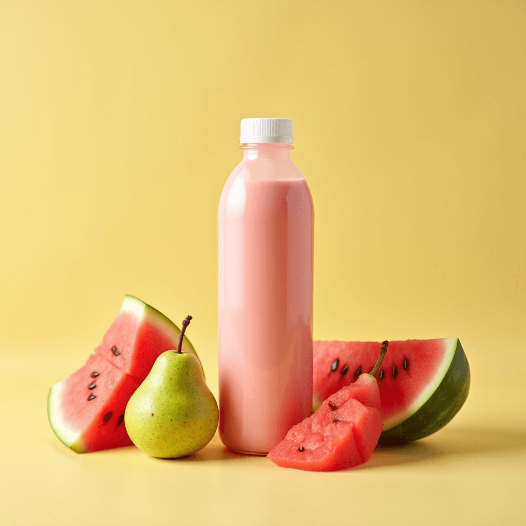 A plastic bottle surrounded by fresh watermelon slices and a pear on a yellow background.