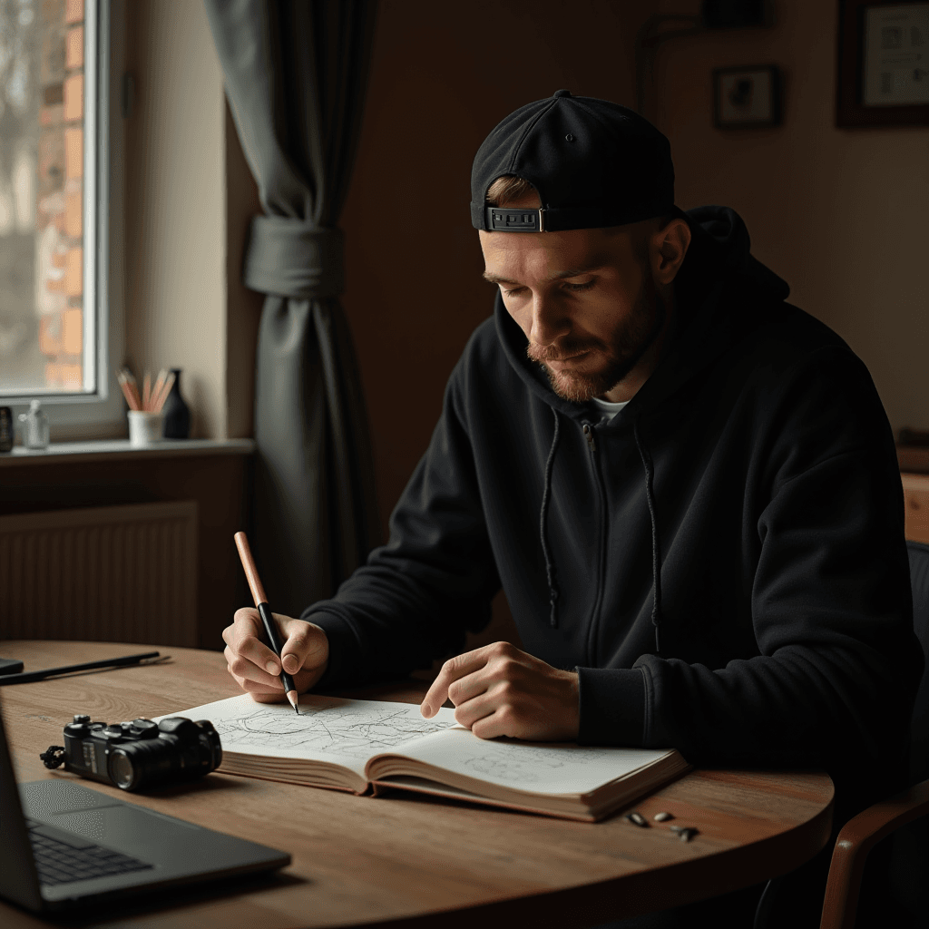 A focused individual drawing in a sketchbook by a window.