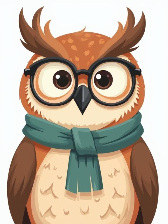 Chest-up view of a wise-looking owl avatar in cartoon style. The owl wears glasses. A scarf or cravat covers its beak. The eyes are expressive. The upper body and shoulders are visible. The character looks intelligent and friendly. The color palette includes shades of brown, beige, with green or blue accents.