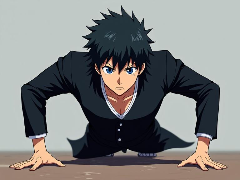 A male Bleach anime character with black hair and blue eyes doing push ups. Focus on athletic build and determination. Minimal background for emphasis.