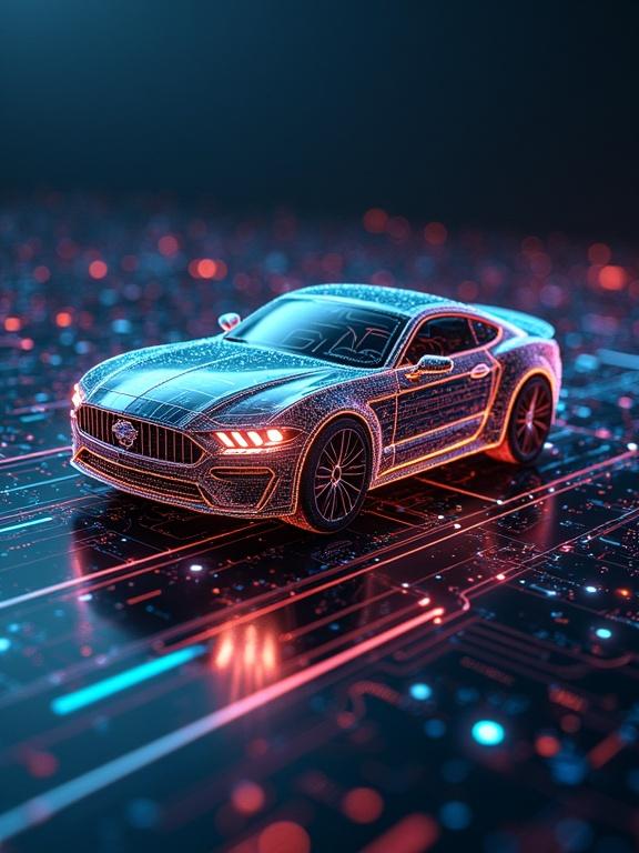 Image showcasing a futuristic car design with electric circuit patterns. Digital 3D rendering with bright neon colors against a dark background. The vehicle stands out as a representation of modern automotive technology.