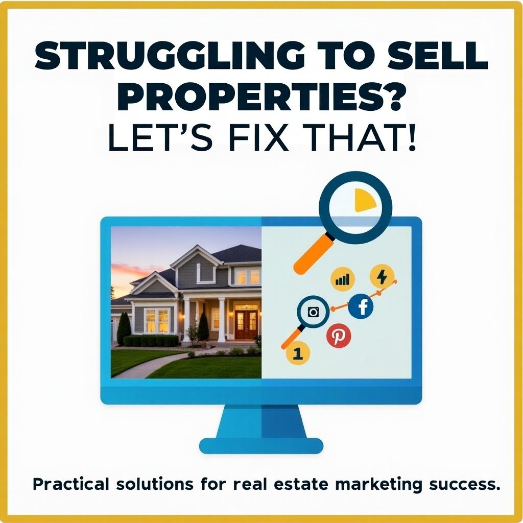 Design a bold header graphic. Include the question 'Struggling to Sell Properties? Let’s Fix That!' with clear typography. Use a split-screen background showing a beautiful home and marketing icons. Add text at the bottom: 'Practical solutions for real estate marketing success.'