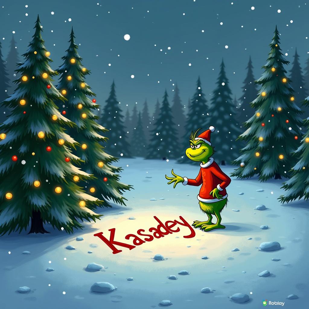 The Grinch stands outside amid decorated Christmas trees covered in snow. He writes the name "Kasadey" in the snow.