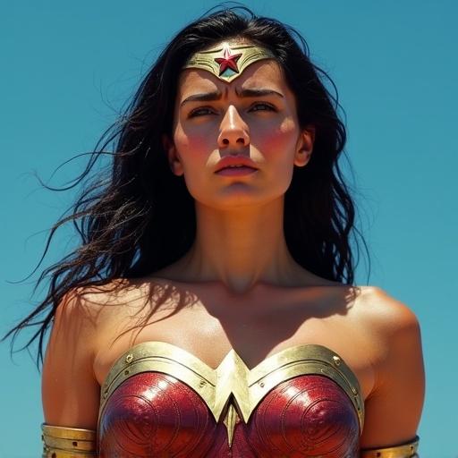 Wonder Woman faces viewer with intensity. Sweat glistens on skin. Dark hair clings to forehead. Armor fits her frame. Swollen chest heaves. Arms extend forward. Defiant posture against blue sky. Hyper-realistic details emphasize every element.