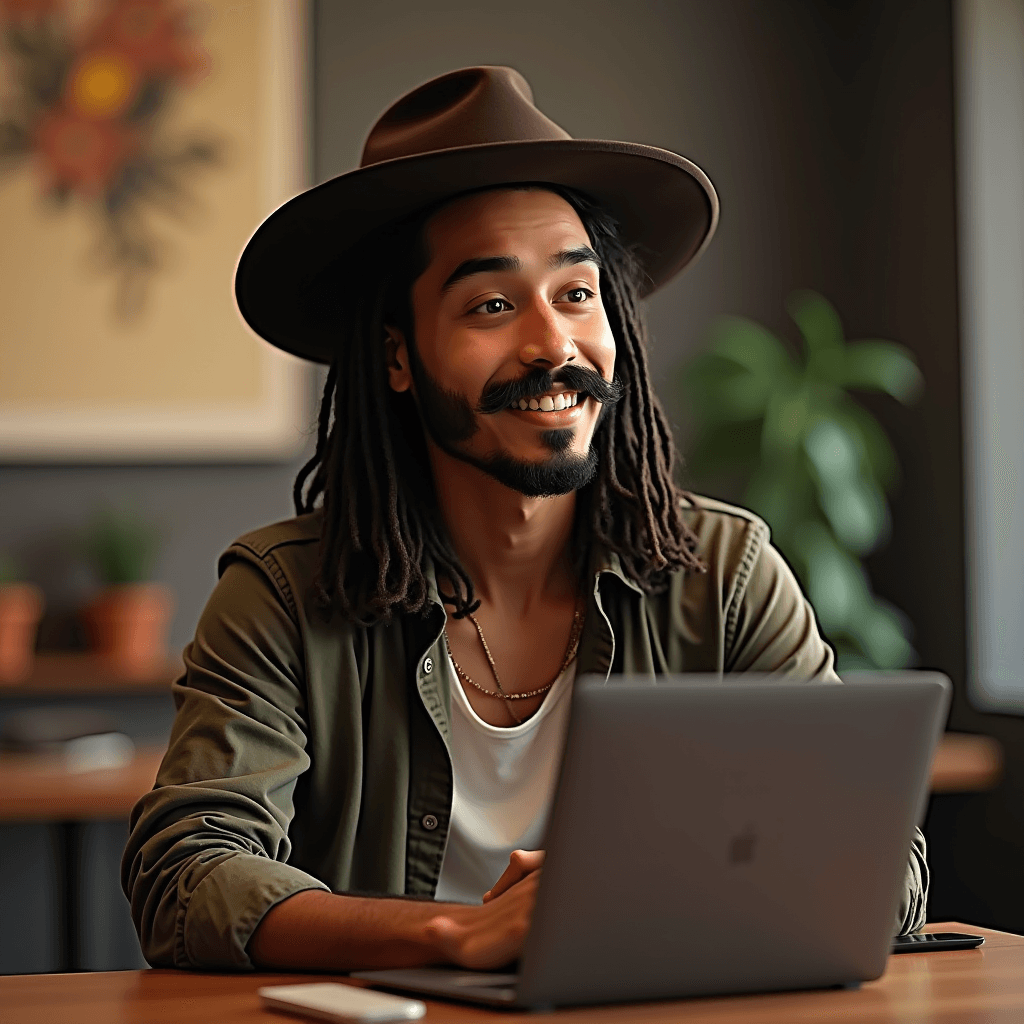 A person with a hat and long hair smiles while sitting at a desk with a laptop in a warmly lit office.