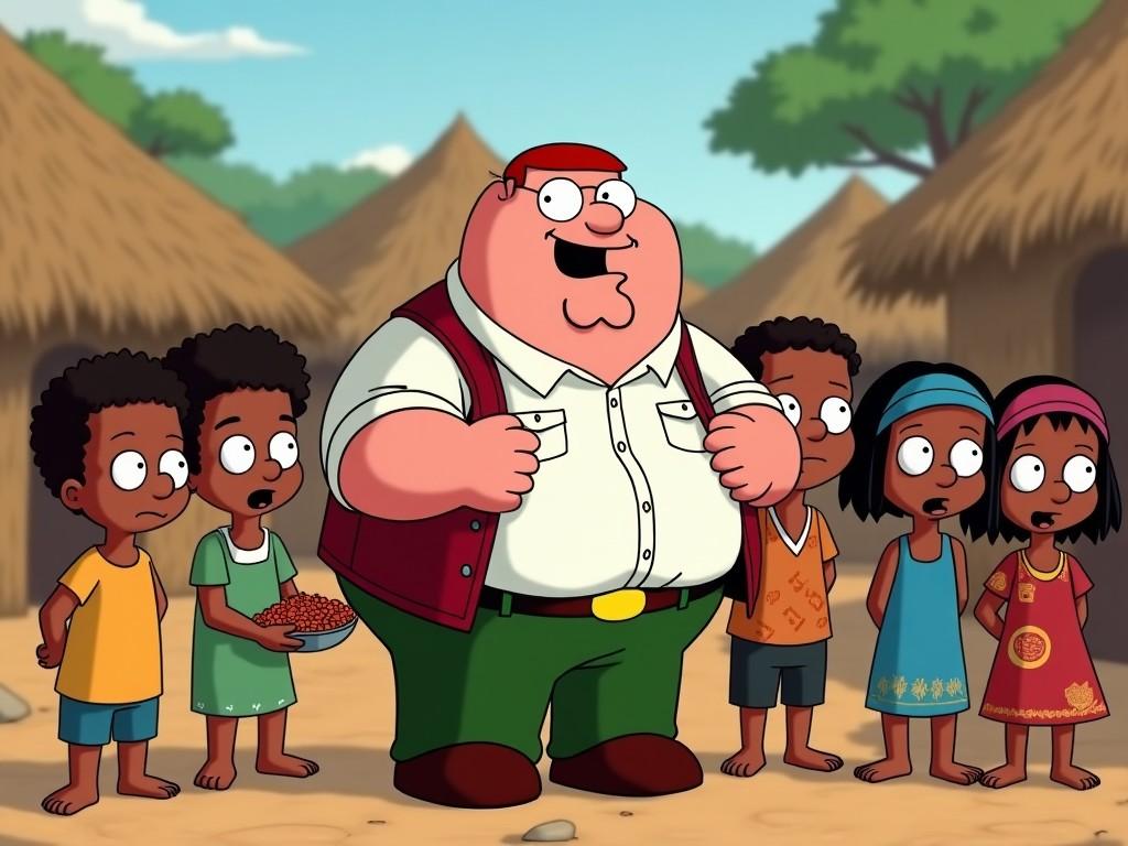 The image depicts Peter Griffin, a character from the animated series Family Guy, standing with a group of children in an African village. Peter is wearing his usual attire, including a red vest, and he appears to be distributing food. The children show expressions of surprise and interest as they look at him. The background features traditional huts and greenery, creating a picturesque village scene. The image conveys a theme of generosity and support for the underprivileged.