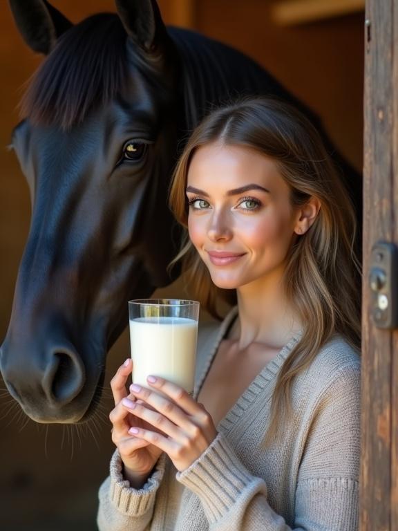 Beautiful woman enjoys drinking thick cream. Black horse stands close behind her. Scene set at a breeding farm. Warm natural lighting enhances the cozy atmosphere.