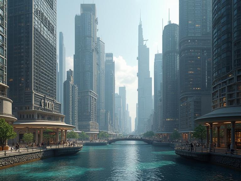 Photo realistic future city scene with futuristic skyscrapers and a peaceful river. Lush greenery along the waterfront. Viewers get a sense of a vibrant and advanced urban environment.