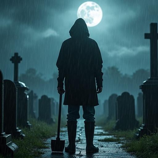 A young man stands in a dimly lit cemetery. It's raining. He holds a bayonet shovel and a rifle. Dressed in a raincoat with the hood up, he stands half-sideways. Tombstones and grave crosses are visible in the background under moonlight.