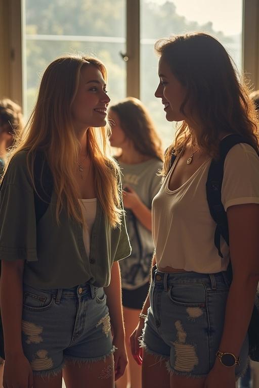 Realistic scene depicting group of teenage girls socializing in a school setting. They are engaged in conversation and smiling at each other. Background shows other students and natural light coming through windows.