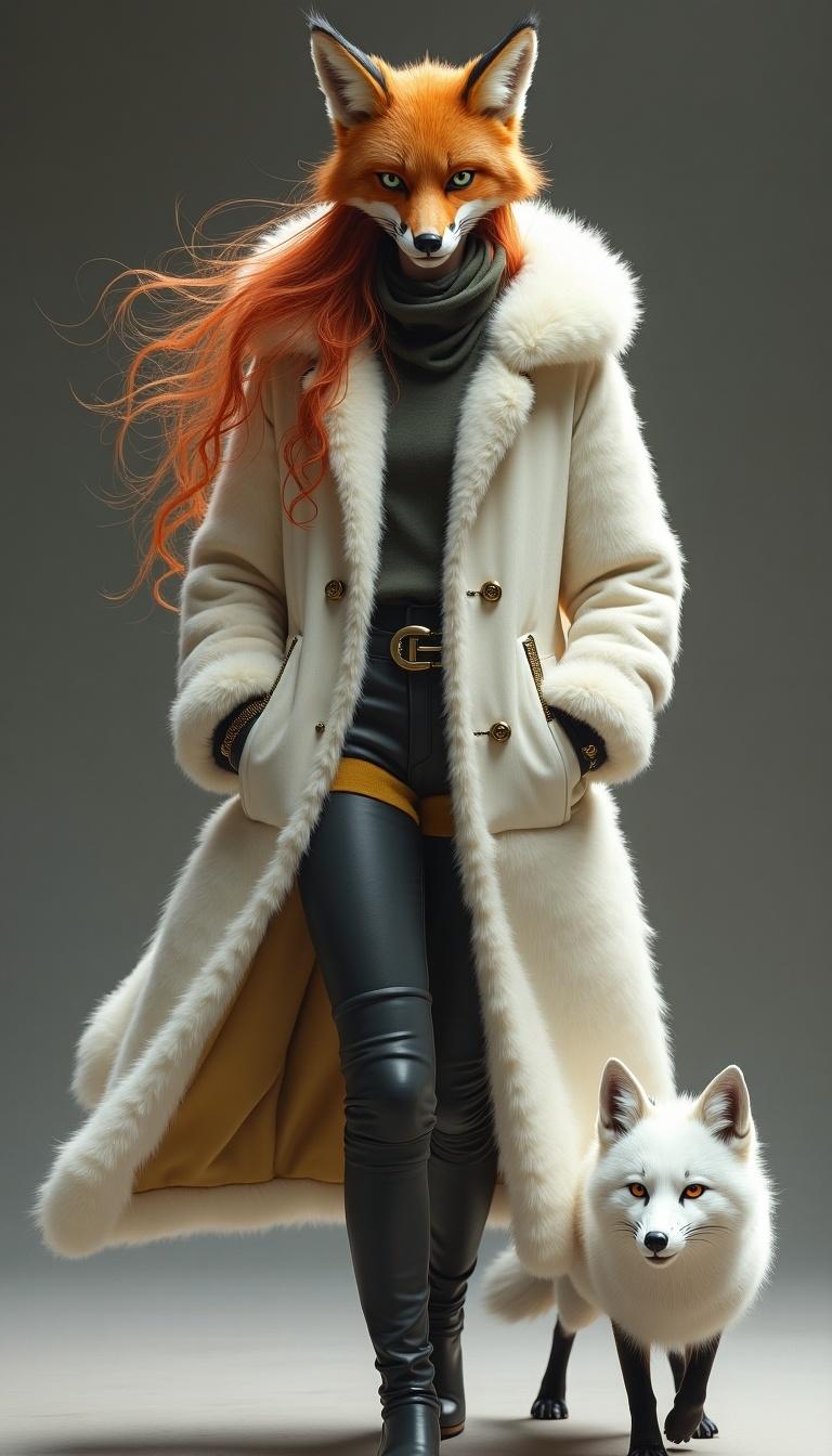 A sly fox-human with golden fur accents on her tailored white fur coat strides confidently. Her sharp vulpine ears peek through her silken hood, and her flowing red hair resembles flames. Beside her, an arctic fox walks gracefully, its gleaming eyes full of intelligence. This image captures the contrast between charm and strategy represented by the fox and the dark mystery of her raven counterpart. It portrays the fox-human in a stylish outfit that emphasizes her character while hinting at an impending confrontation. The atmosphere is charged with tension, highlighting the distinct qualities of both characters.