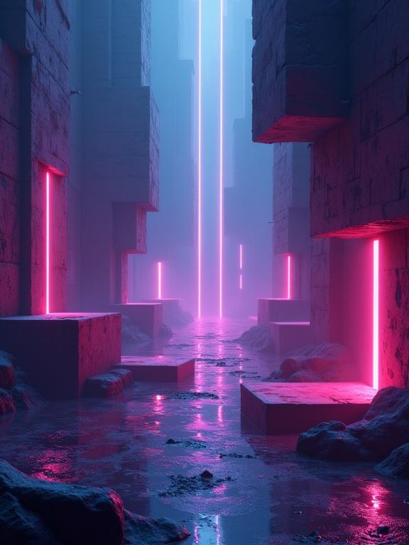 Abstract representation of a gaming level. Features floating platforms, glowing portals, and impossible geometry. Neon light trails create a surreal and futuristic vibe. Vertical composition suitable for mobile wallpaper in 4K resolution.