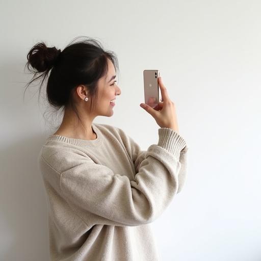 Woman stands in front of white wall holds smartphone to take a photo. Hair in messy bun, wearing oversized sweater. Lighting is soft, she smiles with distant eyes. Captures a moment of self-commitment.