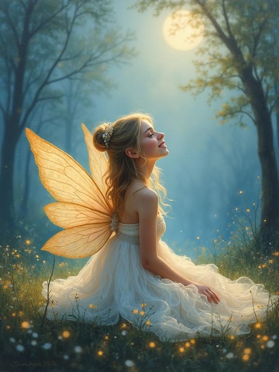 Dreamy pastel oil painting showing an enchanting fairy in a flowing gown with luminous wings. She has a gentle smile and sits in a moonlit forest clearing. The scene includes glowing fireflies and a misty background with a soft bokeh effect creating an ethereal atmosphere.