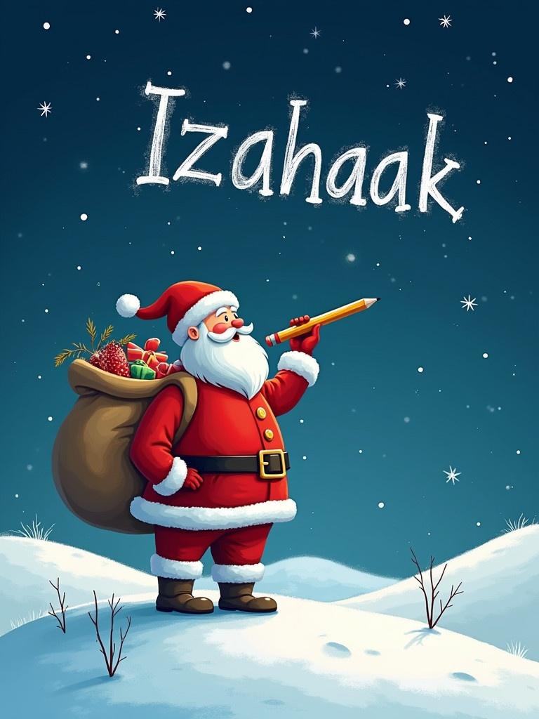 Santa Claus stands on a snowy hill under a starry night. He writes names in the sky with a pencil. He wears red and white clothing. A large sack of gifts rests on his back. The name 'Izahaak' appears in whimsical font.