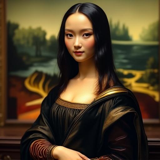 Female android secretary standing near desk with elegant posture. Mona Lisa inspired face with soft enigmatic smile. Features warm almond eyes and porcelain skin. Has black wavy glossy hair with a shoulder-length fringe. Wears full-body synthetic plating in pale skin tone. Shoulders and waist have glossy black panels resembling Renaissance fabric. Engraving on arms and chest with sculpted collar lines. Subtle glowing circuit lines on face. Semi-realistic style in a softly lit Renaissance room.