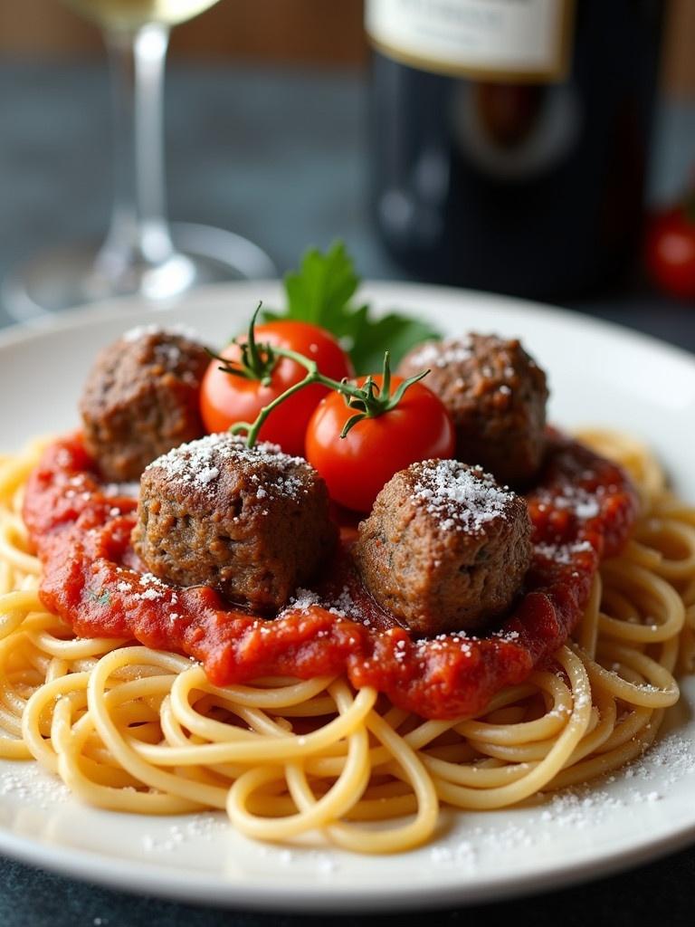 Plate of spaghetti with meatballs and tomato sauce. Garnished with cherry tomatoes and parsley. Wine glass in the background. Elegant food presentation.