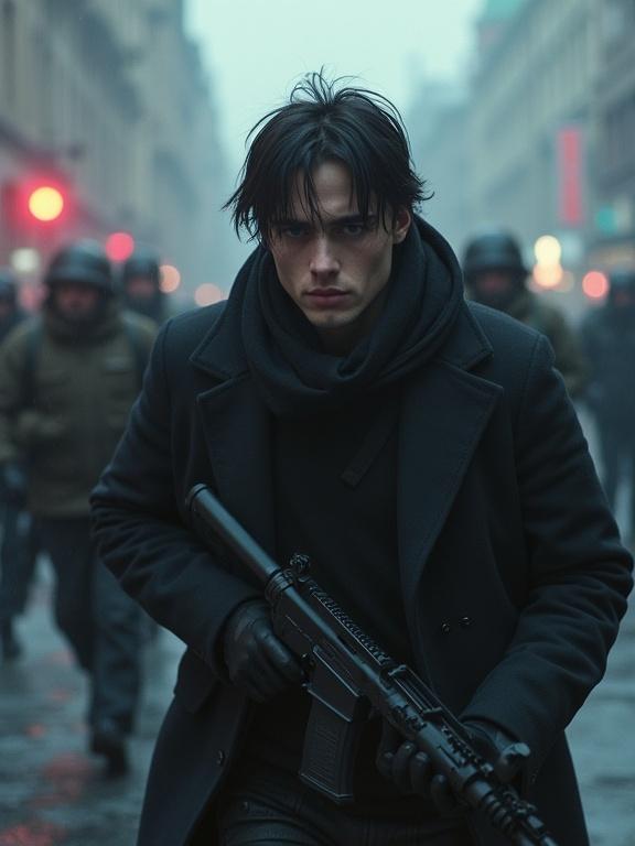 Photorealistic cinematic depiction of a young European man with dark hair, an assassin on the run in modern-day Moscow, being pursued by soldiers. The image captures the tension and urgency of the scene.