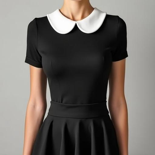 Black fitted t-shirt features a white Peter Pan collar. The shirt has a black skater skirt creating a stylish outfit.