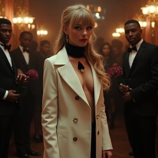 Scene in a dingy nightclub featuring a couple. Woman has long blonde twintails and big blue eyes. Wearing a white overcoat fully closed with a black silk scarf and a black spade pendant. High heels on feet. Man in a suit holding flowers standing beside her. Black men in background looking at them. Full body shot highlighting the fashionable couple.
