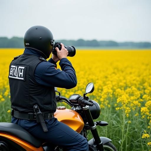 A police officer on a motorbike is taking a photograph of a flower field. The motorcycle is parked amidst a vast field of yellow flowers. The officer is wearing a helmet and a police vest. The background is a cloudy sky and open fields.