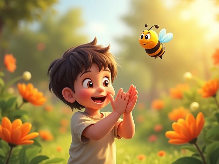 A happy child claps in a sunny garden. Bright flowers and greenery surround. A cartoon bee flies above. The scene appears cinematic and photographic.